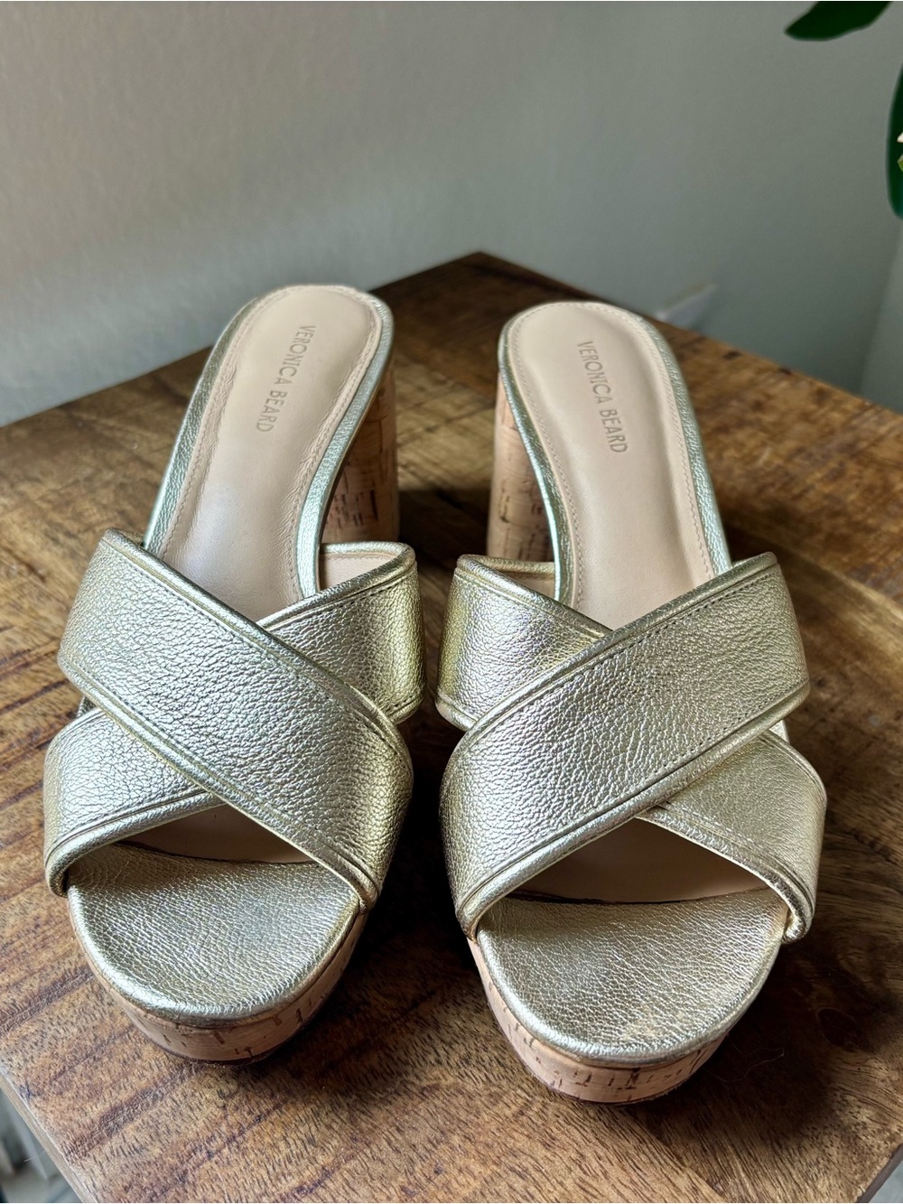 Veronica Beard Metallic Gold Crisscross Leather Mules